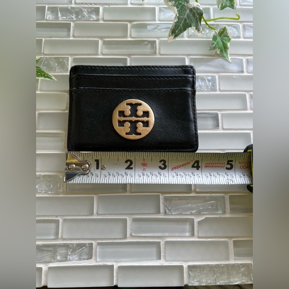 Tory Burch Logo Black Leather Card Holder Small Wallet 4”x 3” - Picture 4 of 8